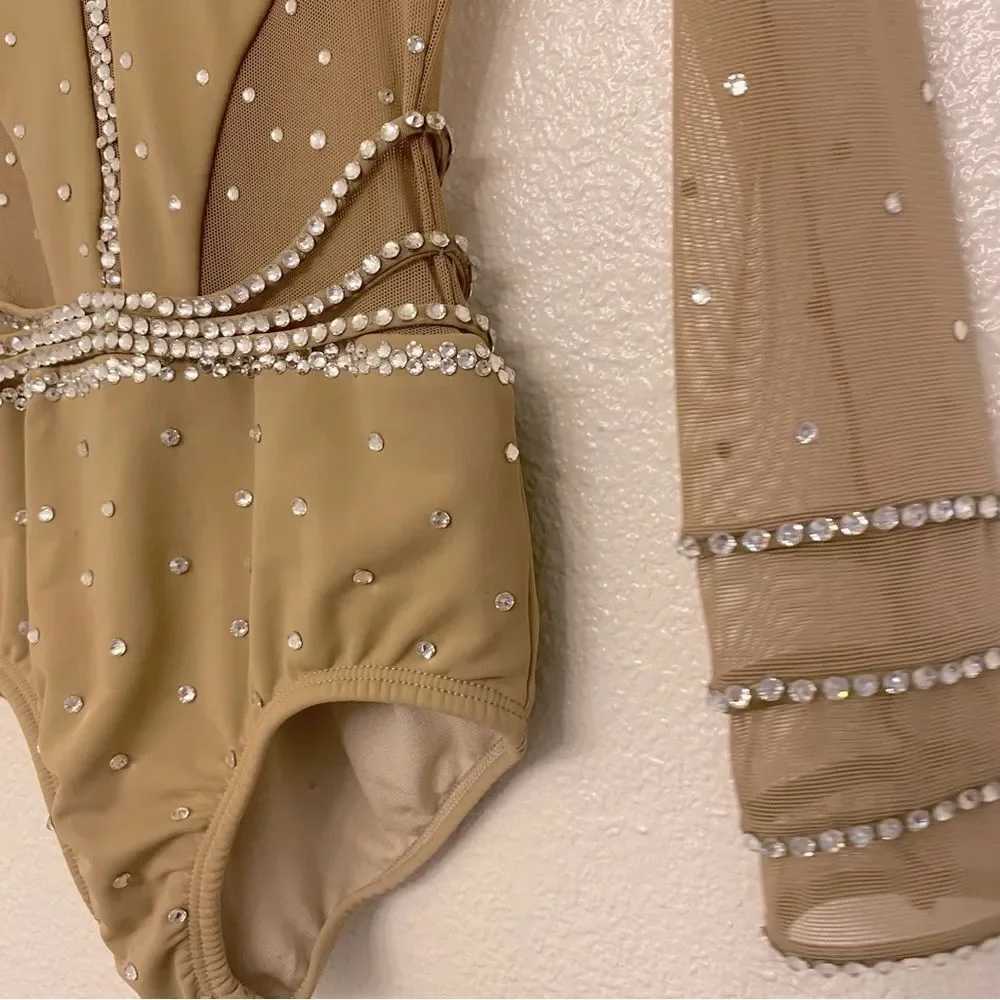 LA dance solo custom tan nude beige illusion leotard costume bedazzled bling LC